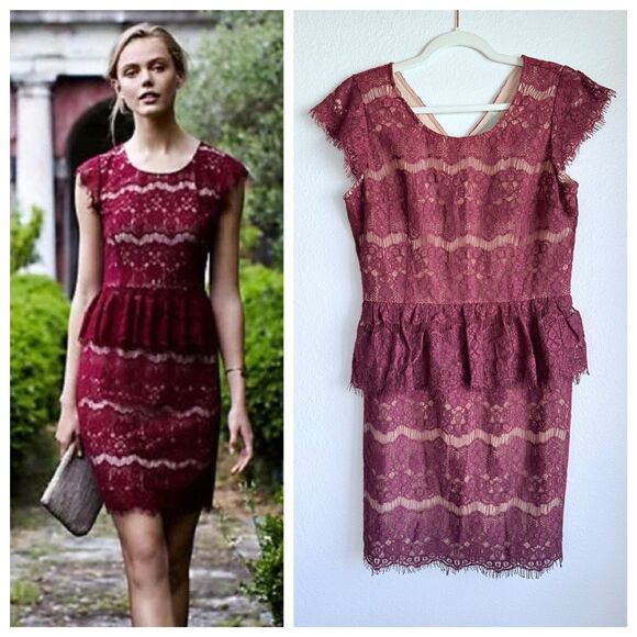 NWT Anthropologie Maeve Elsa Lace Peplum Cap Sleeve Dress in Wine Red Sz Medium - Picture 1 of 12